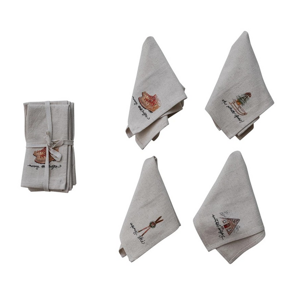 Napkins with Embroidery & Holiday Saying Set of 4