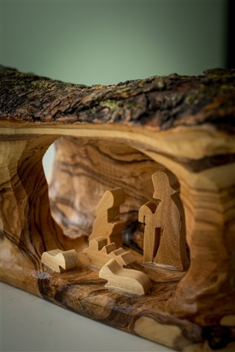 Small Nativity Grotto carved in Olive Wood Branch - 3"x5"