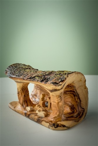 Small Nativity Grotto carved in Olive Wood Branch - 3"x5"