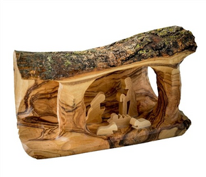Small Nativity Grotto carved in Olive Wood Branch - 3"x5"