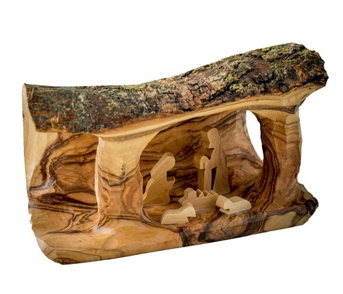 Small Nativity Grotto carved in Olive Wood Branch - 3"x5"