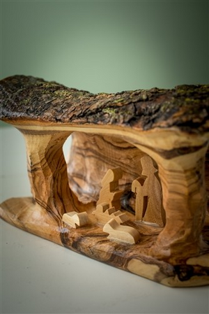 Small Nativity Grotto carved in Olive Wood Branch - 3"x5"