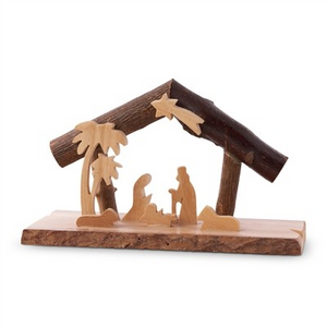 Nativity Grotto with Bark Branches and Holy Family 3.75"