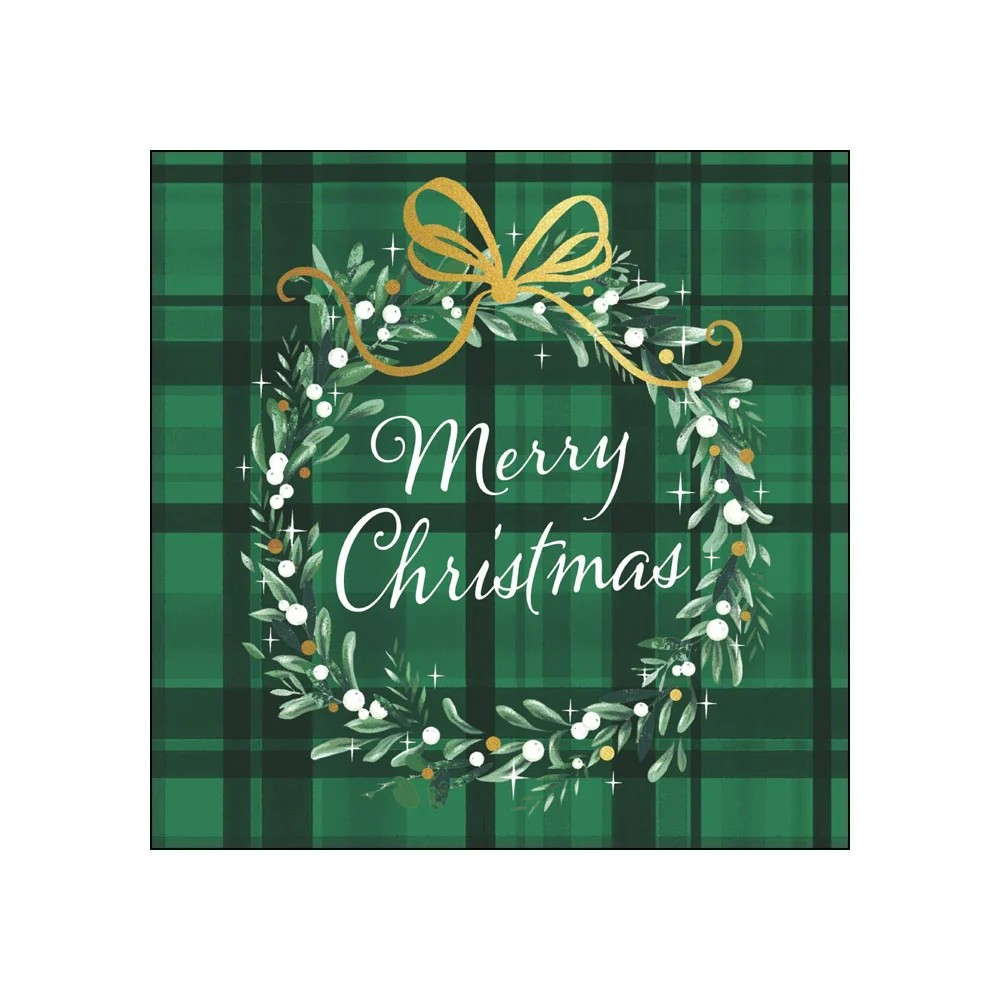 beverage cocktail napkin  featuring a green plaid background with a wreath made of green leaves, white berries, and a gold bow, with the words “Merry Christmas” in white script at the center.