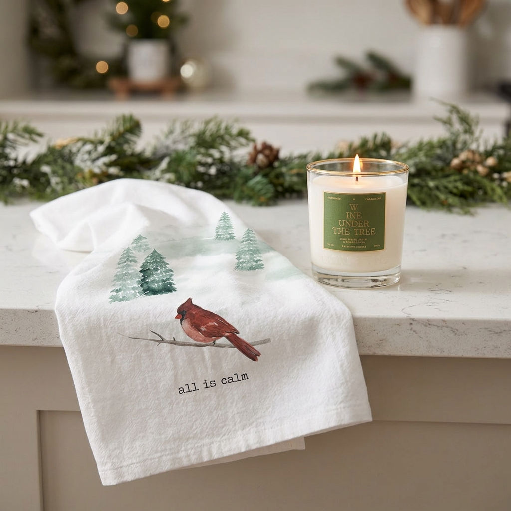 All Is Calm towel draped on a white quartz counter beside a lit Wine Under the Tree candle
