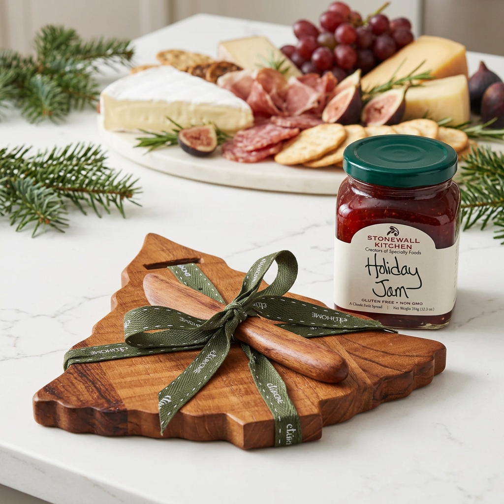 Holiday Jam and Christmas tree board on white quartz with festive charcuterie in the background