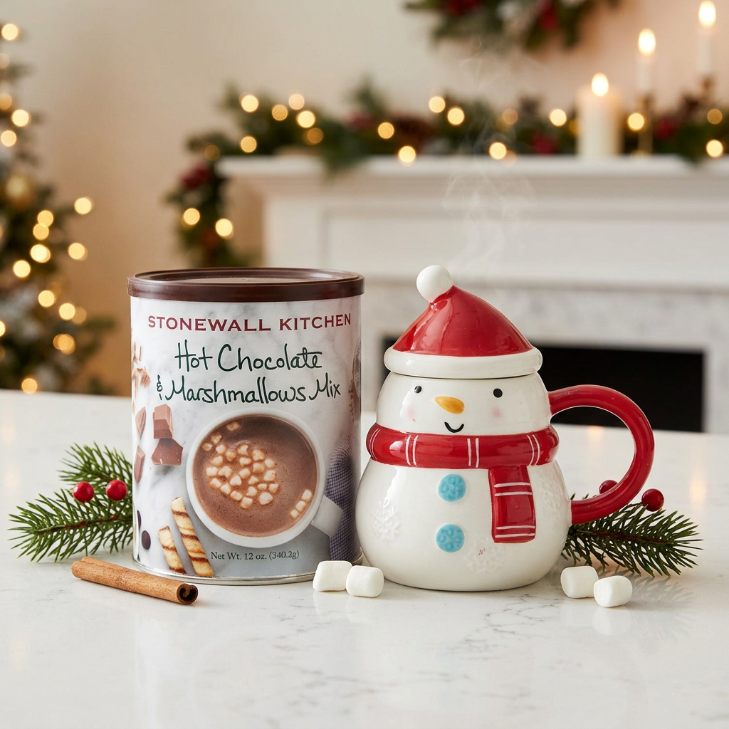 Stonewall Kitchens hot chocolate mix and the hand painted snowman mug together on a white quartz counter in a cozy festive scene