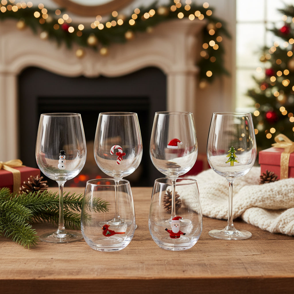 Eight clear stemless wine glasses arranged in a 4-by-3 grid on a white background, each decorated with a small different holiday illustration such as Santa Claus, a reindeer, a Christmas tree, a candy cane, a snowman, and birds.