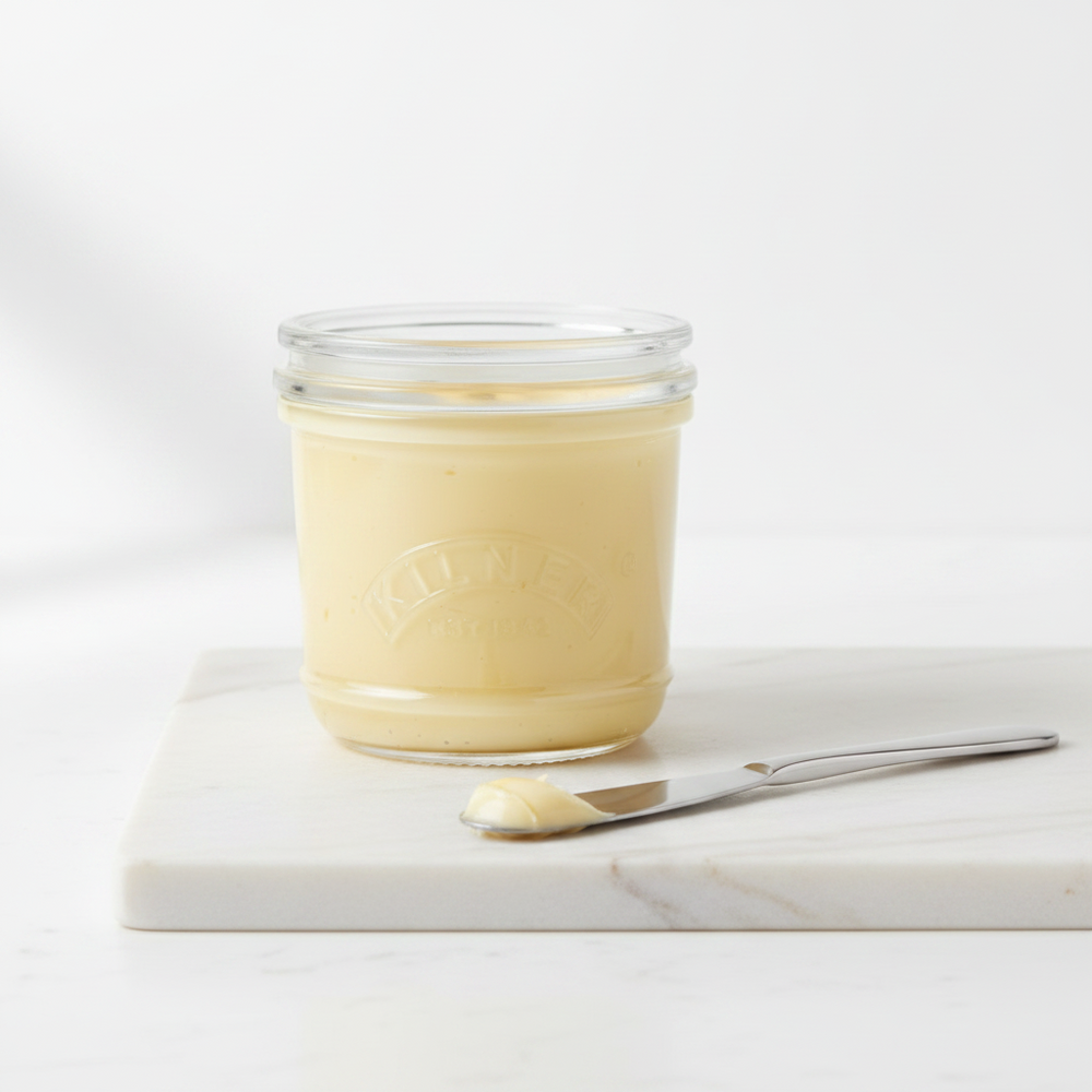 Butter jar with ribbed design and 'Kilner' branding on a white background