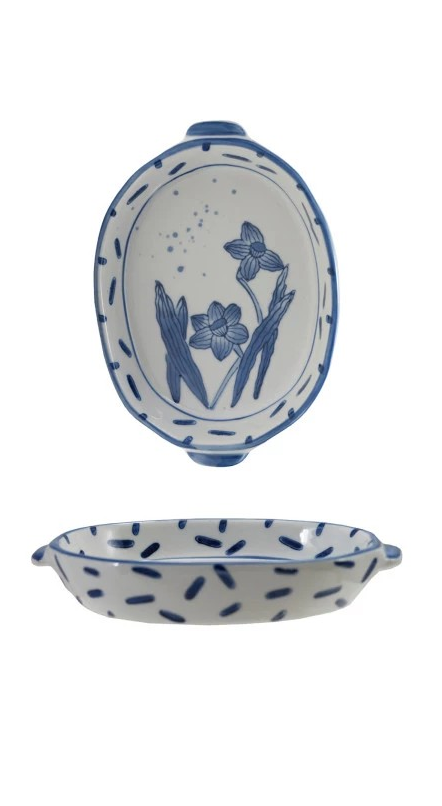 Stoneware Baker with Handles Blue and White Floral Design (3 Styles)