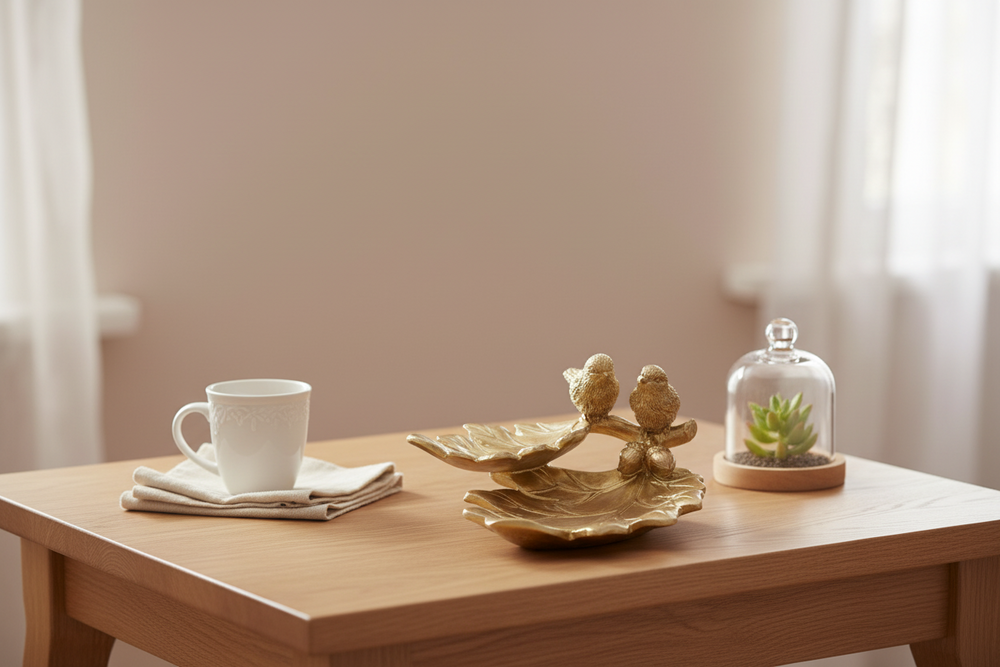 Gold decorative item with two birds on a branch on a white background