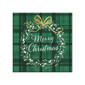 beverage cocktail napkin  featuring a green plaid background with a wreath made of green leaves, white berries, and a gold bow, with the words “Merry Christmas” in white script at the center.