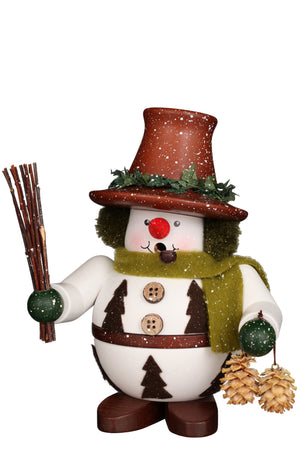 Christian Ulbricht wooden snowman incense smoker with a brown top hat, green earmuffs and scarf, and brown felt trees on his body, holding a bundle of twigs and two pinecones.