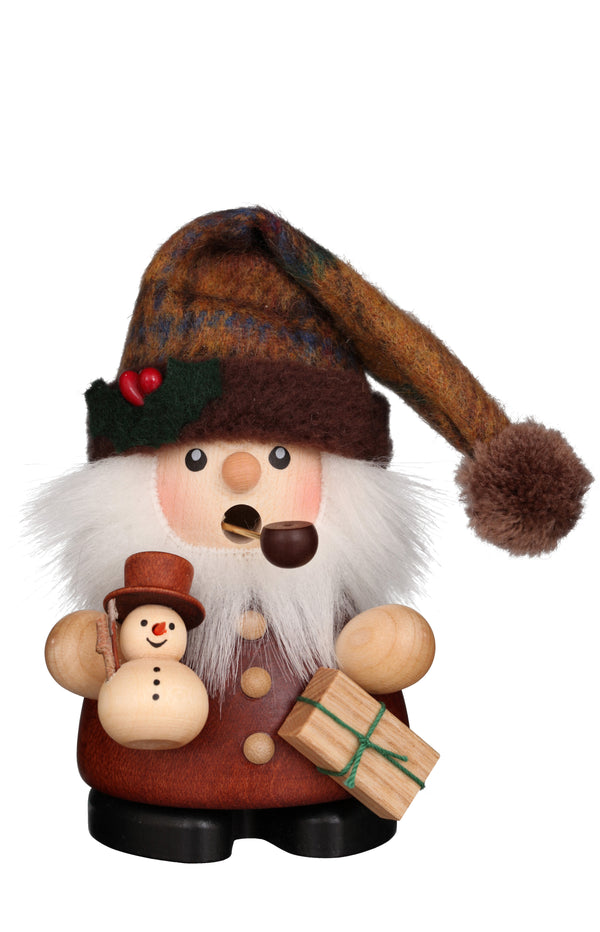 Christian Ulbricht mini natural wood Santa incense smoker with a long brown stocking cap and holly, a white beard, and a pipe, holding a tiny snowman and a wrapped gift.