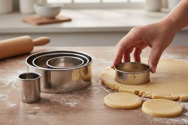 Set of metal cookie cutters on a white background