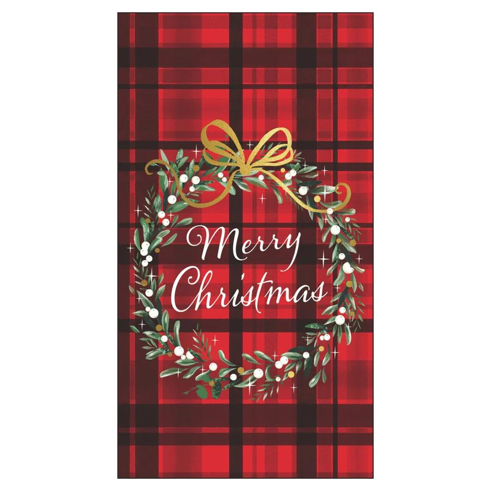 Red and black plaid paper guest towel with a mistletoe wreath, gold bow, and "Merry Christmas" in white script.
