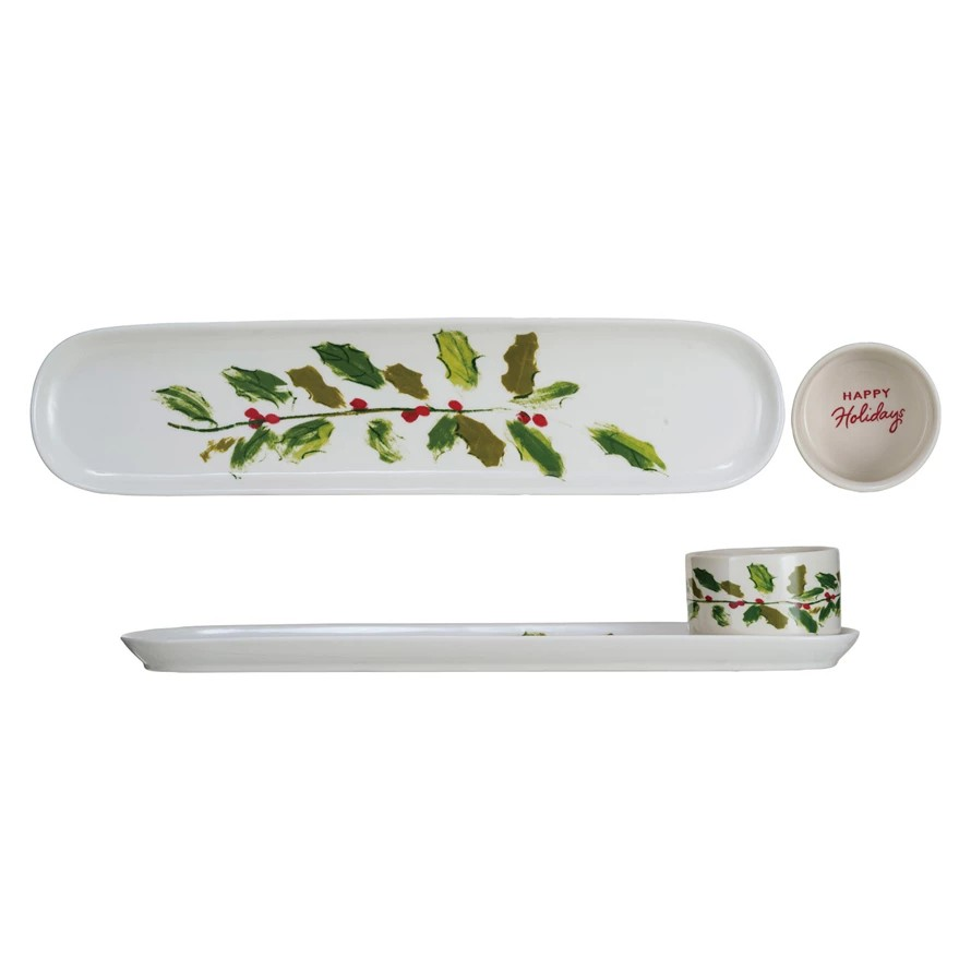Stoneware Platter & Dish w/ Holly Leaves & Berries