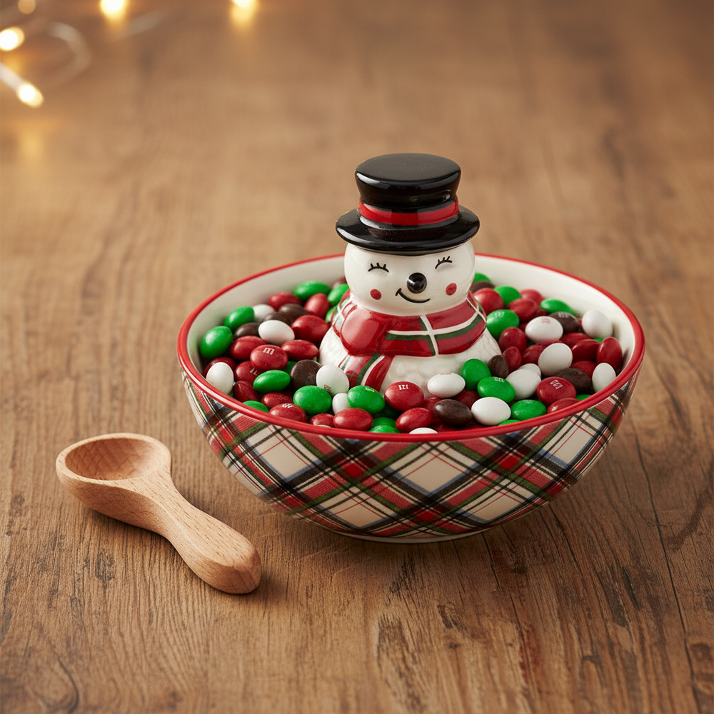 Holiday Tartan Candy Dish - Choose Either Santa or Snowman