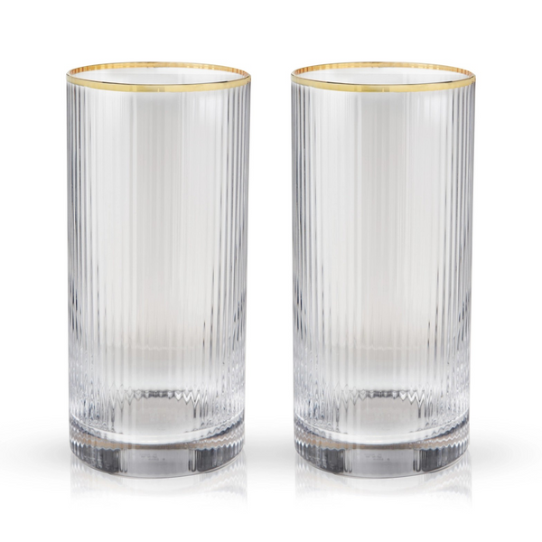 Deco Meridian Gold Rimmed Crystal Highball Glasses Set of 2