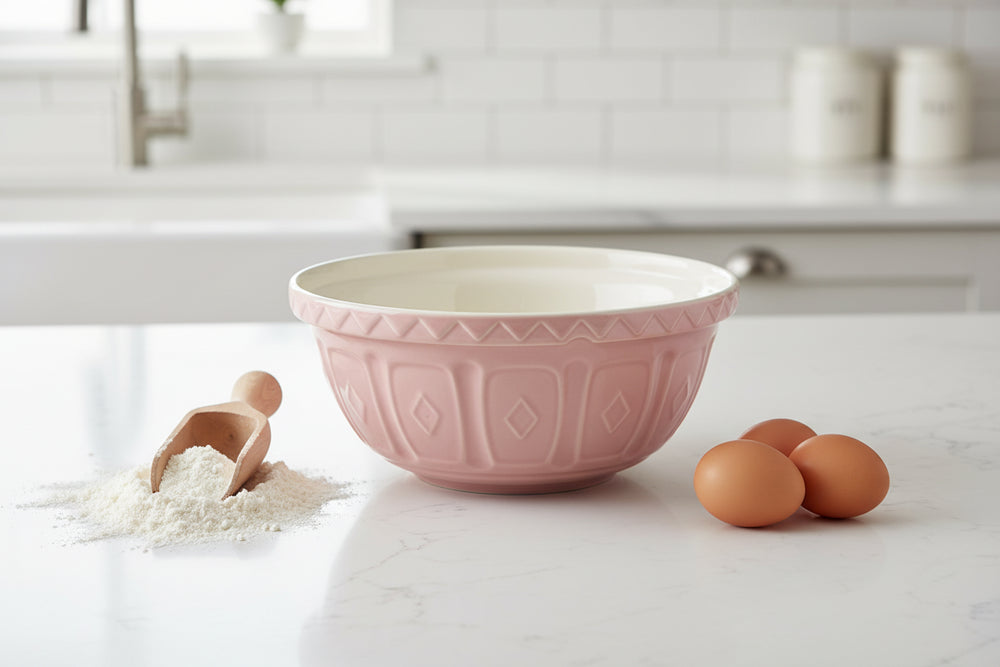Pink ceramic bowl with textured design on a white background