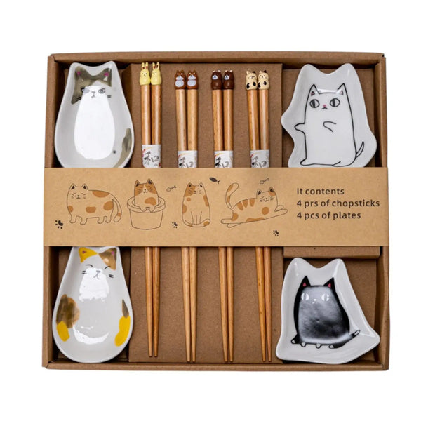 4 Pair Cute Cats Wooden Chopsticks and Sauce Dish Gift Set