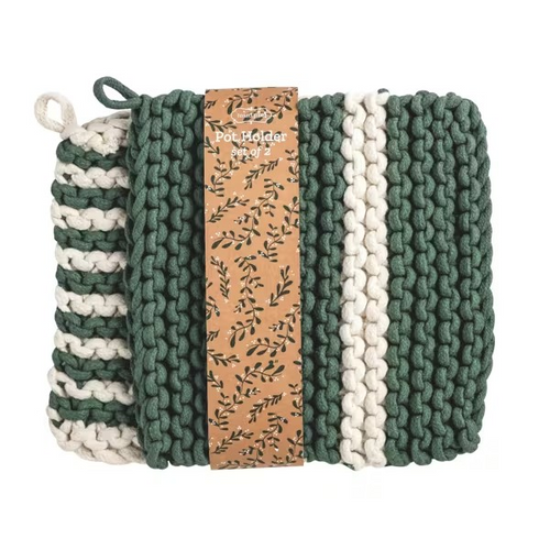 Set of green and white knitted pot holders with a wooden tag on a white background