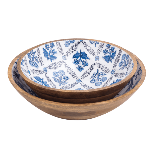 Blue Floral Wooden Bowl - Choose from Small or Large