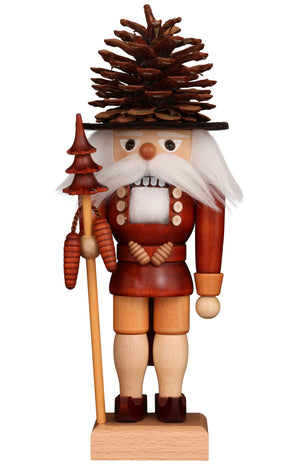 Christian Ulbricht natural wood nutcracker with a real pinecone on his hat, a white beard and mustache, and a staff topped with a carved evergreen tree.