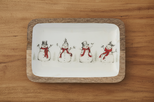 Snowmen and Birds Mango Wood Tray