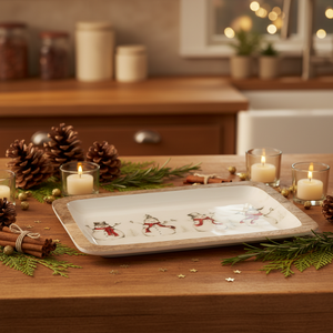Enameled mango wood tray hand-painted with a red, black, and white snowmen and birds holiday scene