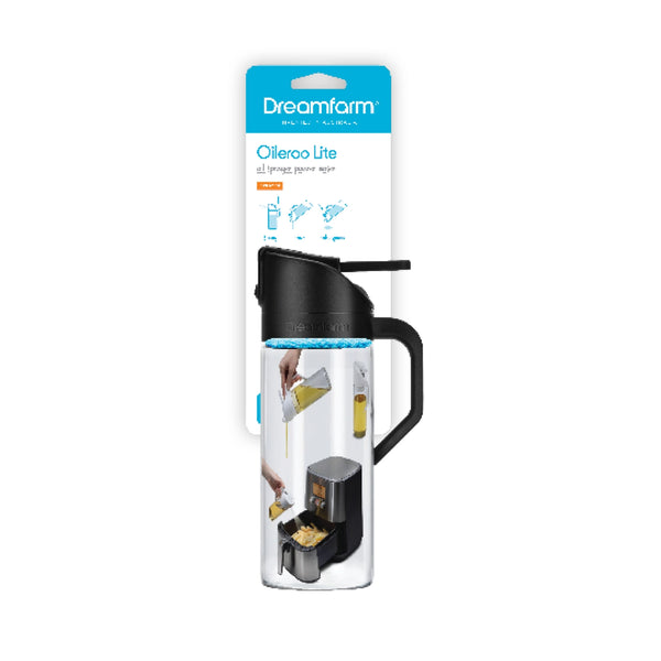 Dreamfarm Ollero Lite 500 ml travel water bottle in its retail packaging, featuring a clear bottle with a black lid, handle, and straw, and a blue accent band.