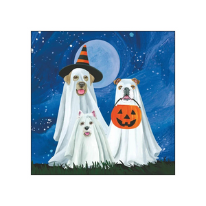 A cocktail napkin featuring three dogs dressed as ghosts for Halloween against a blue moonlit sky. One dog wears a witch hat, one holds a jack-o'-lantern bucket, and one is in a simple ghost costume.
