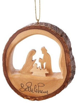 Olive Wood Bark Holy Family Ornament