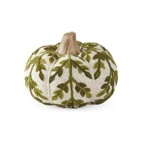 Cream & Green Foliage Knit Pumpkin w/Wood Stem-Choose from 2 Sizes