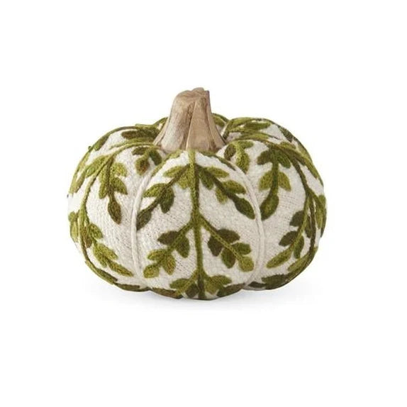 Cream & Green Foliage Knit Pumpkin w/Wood Stem-Choose from 2 Sizes