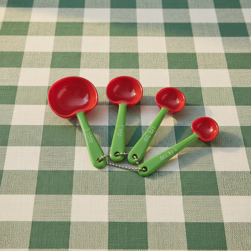 Four small cherry measuring spoons with red bowls and green handles arranged on a green and white checkered tablecloth. The handles are marked 1 tsp, 1/2 tsp, 1/3 tsp, and 1/4 tsp.