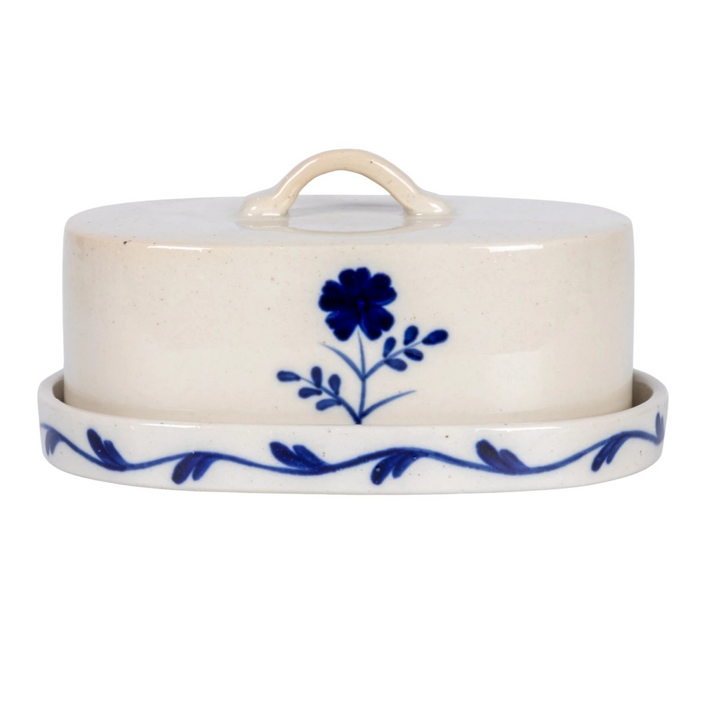 Hand-Painted Stoneware Butter Dish with Flower