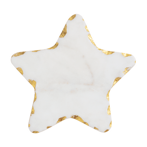 A star-shaped serving platter with a white marble-like center and irregular gold foil accents along the edges, shown on a plain white background.