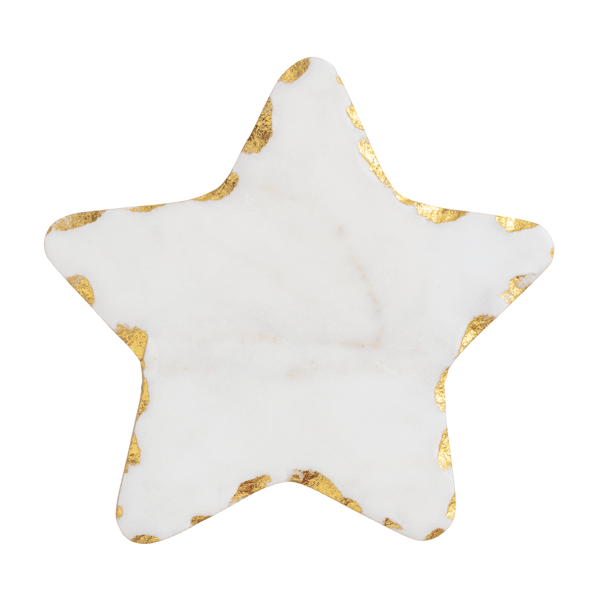 A star-shaped serving platter with a white marble-like center and irregular gold foil accents along the edges, shown on a plain white background.