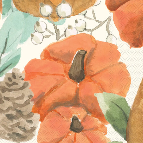 Decorative paper with pumpkins, leaves, and pinecones on a white background