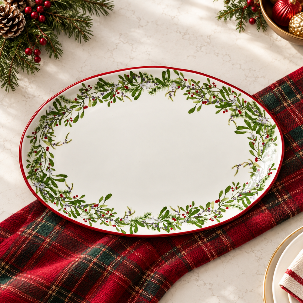 Large rectangular serving platter decorated with winter greenery and red berries.