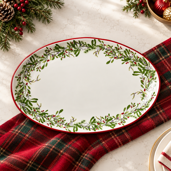 Large rectangular serving platter decorated with winter greenery and red berries.