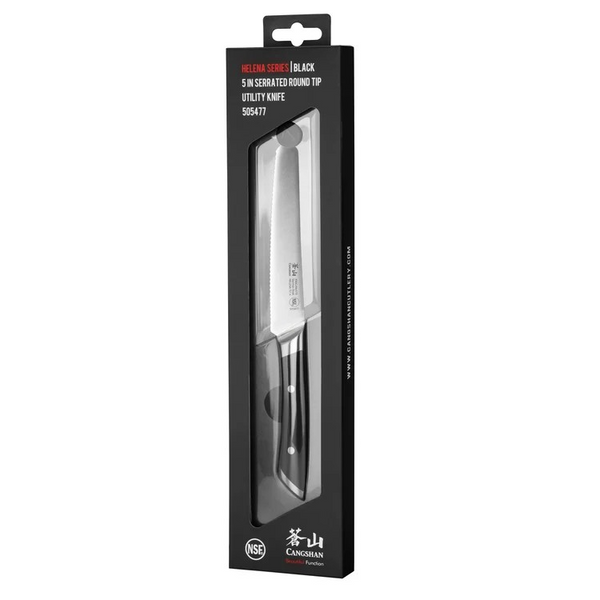 HELENA Series 5-Inch Round-Tip Serrated Utility with Sheath (German Steel) by Cangshan - Comes in White or Black