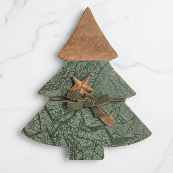 A Christmas tree-shaped decorative wall piece with a wood-grain brown top, a green camouflage-patterned lower body, a brown ribbon bow, and a small wooden star accent, shown on a plain white background.