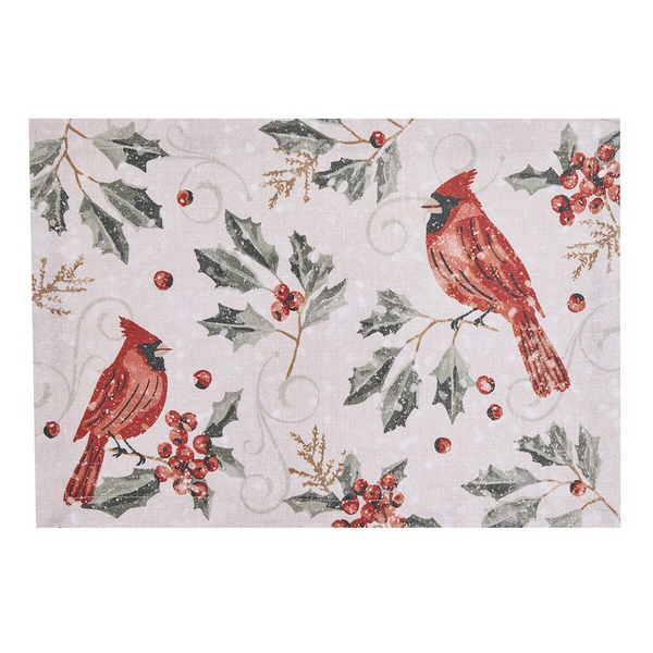 Cotton holiday placemat with a red bird cardinal design.