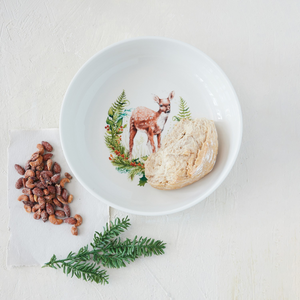 Stoneware low bowl with hand-painted deer and botanical greenery design