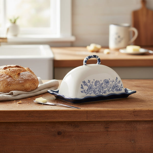 A ceramic butter dish with a domed lid, featuring a blue floral pattern on the front and a dark blue scalloped rim with a matching handle, set against a plain white background.
