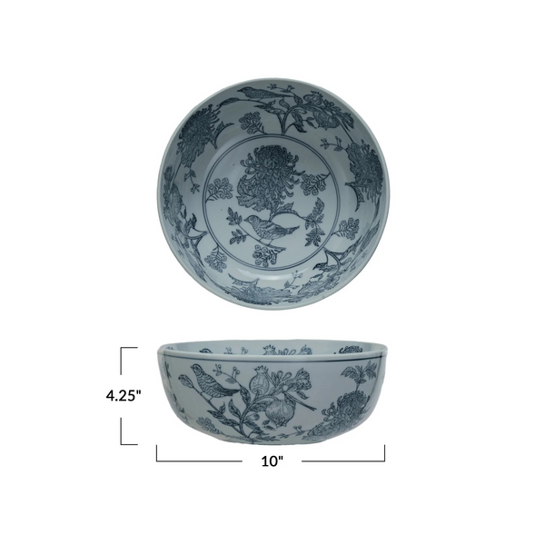 Hand-Stamped Stoneware Bowl w/ Birds & Botanicals