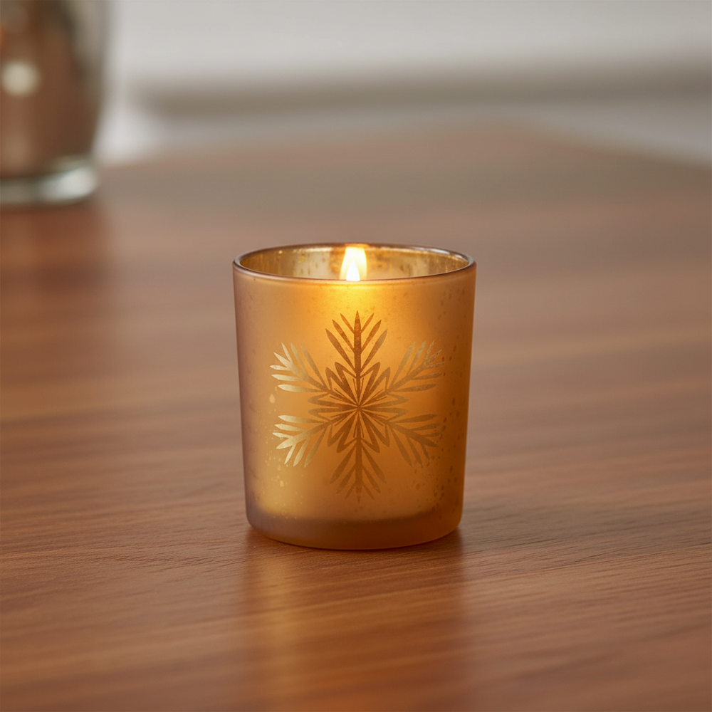 A small cylindrical candle holder or tumbler in a warm amber-brown tone with a metallic gold snowflake design on the front, shown against a plain white background.