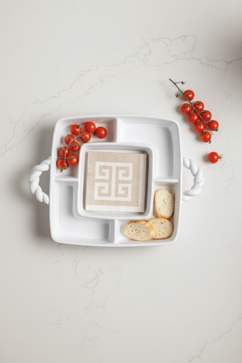 White ceramic dish with a cocktail napkin holder in the middle
